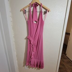 y2k BCBG Maxazria Halter Ruffle Asymmetrical Dress sz S Pink Fairy Supermodel